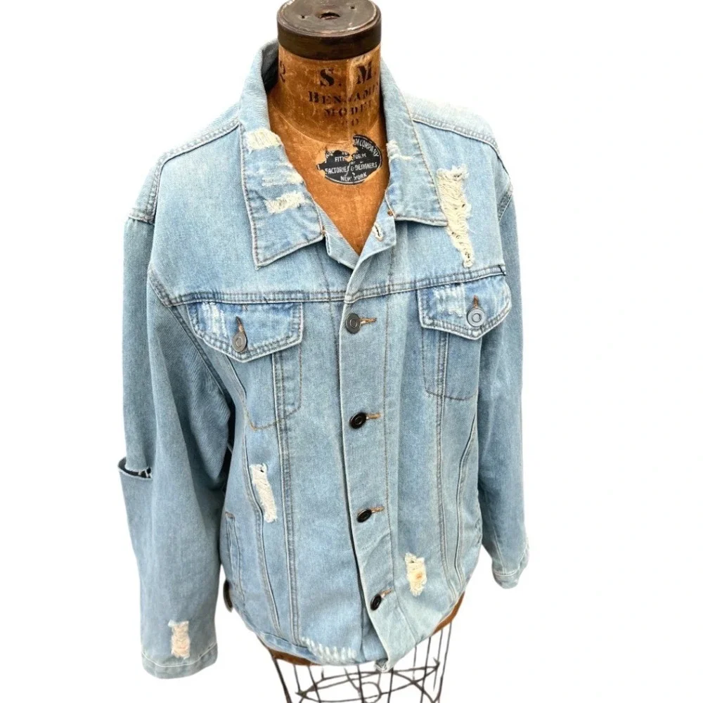Carbon 2 Cobalt Distressed Denim Jean Jacket Men XXL‎ Trucker Blue Grunge Rugged